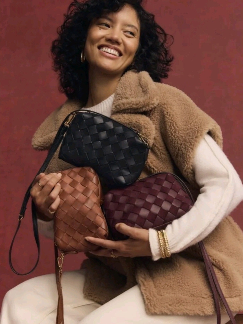 Faux Leather & Suade Woven Camera Crossbody Bag - Brown
